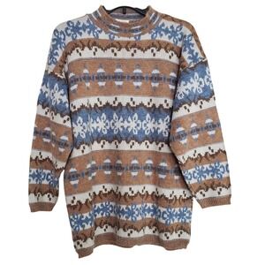 Fair Isle Snowflake Drop Shoulder Sweater Mock Neck Brown Blue White Cabin M/L?